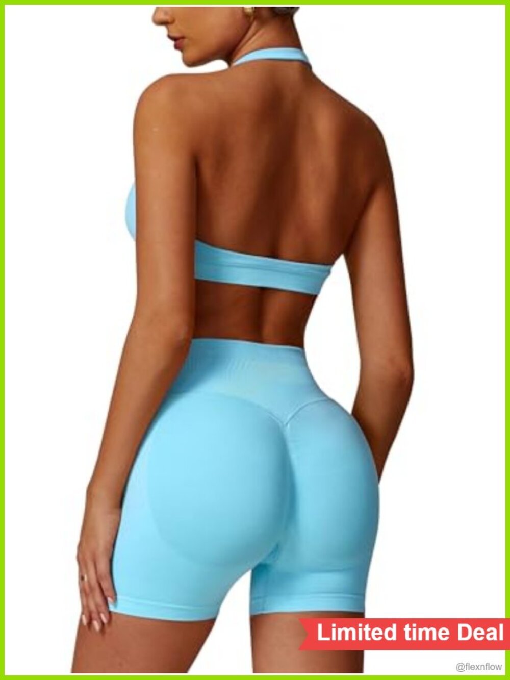 Women's Seamless Ribbed Workout Set Halter Sports Bra & Scrunchie Shorts
